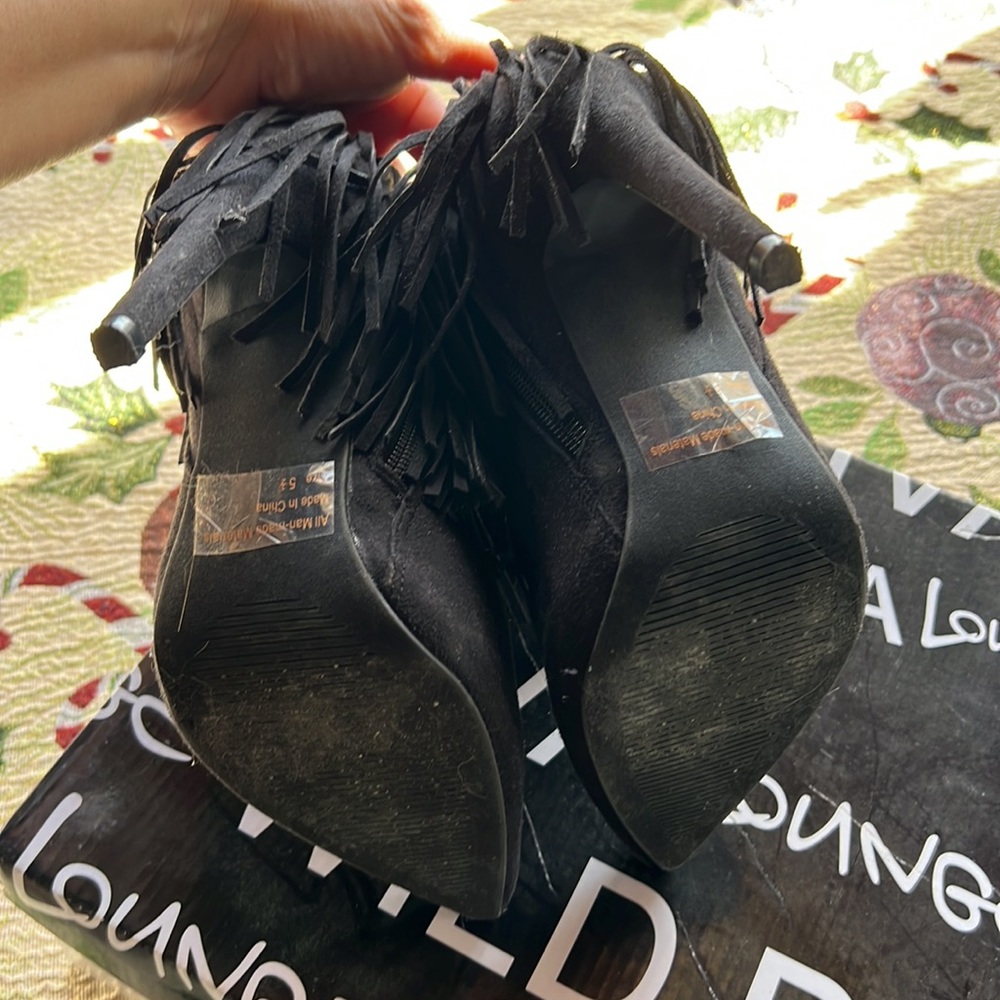 Black Suede Fringe Heeled Booties - Picture 7 of 10
